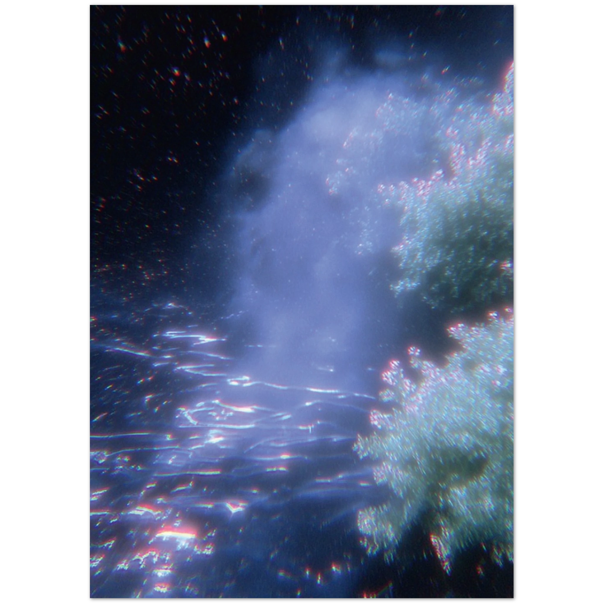 Close-up of the textured print surface highlighting vibrant color layers and signature artist ink markings.